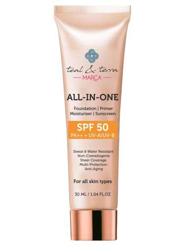 Teal & Terra Daily Use Sun Screen with SPF 50+ | Water Resistant | All-in-One Foundation | Primer | Moisturizer | Sweat and Water Resistant | Face Care Cream |100% Natural | Paraben Free | 30ml 2