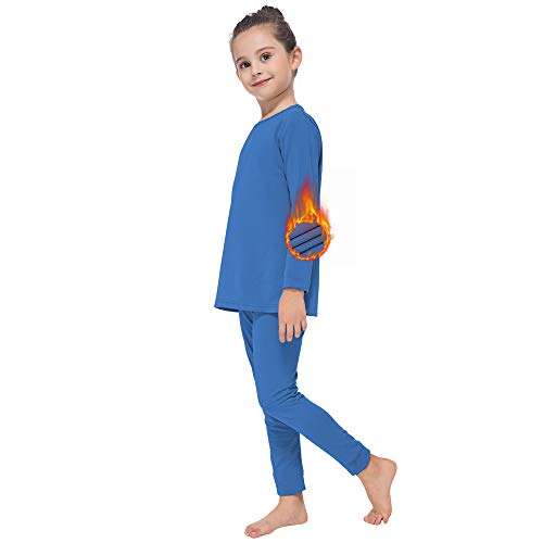 GAZIAR Thermal Underwear for Girls Long Underwear Ultra Soft Fleece Lined Thermals Kids Base Layer Lace Round Neck Long John Set Blue M(9-10Y) 2