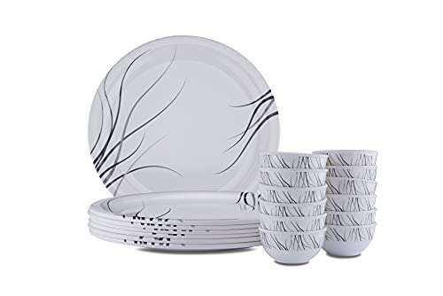 Primelife Melamine Dinnerware Set - 18 Pcs Outdoor and Indoor Use Melamine Dinner Plates and Bowls Set 6 Plates & 12 Bowls Heavyweight Unbreakable - White (F Black 18 Pcs) 6
