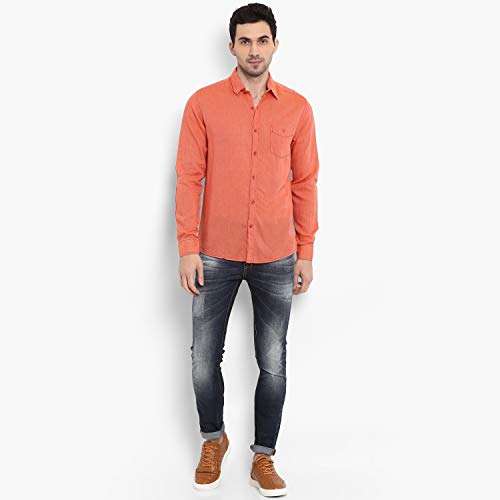 MUFTI Orange Striped Spread Collar Full Sleeves Linen Blend Shirt 6