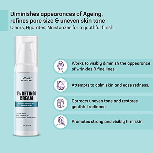 Azani 1% Retinol Cream| Uneven skin tone, Anti Aging, Fine Lines & Wrinkles, Dullness, Pores |Niacinamide & Hyaluronic Acid|Deep Moisturiser & Anti-wrinkle Cream, Women & Men-30ml 3