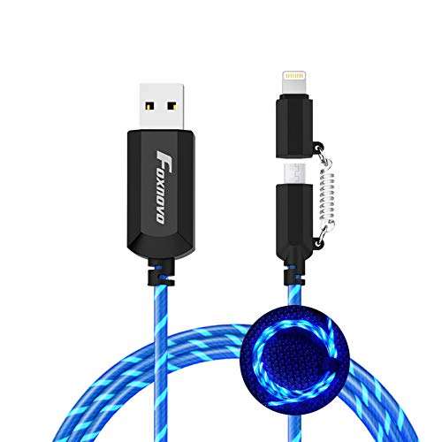 [Apple MFi Certified] Foxnovo Led iPhone Charger Cable, 2-in-1 Led Lightning Cable with 360░ Flowing Light for iPhone 12/11 /11 Pro/XS/XR/X/8/8 Plus/7/7 Plus/6/6 Plus/5s/Android (Blue),3.3 ft 2