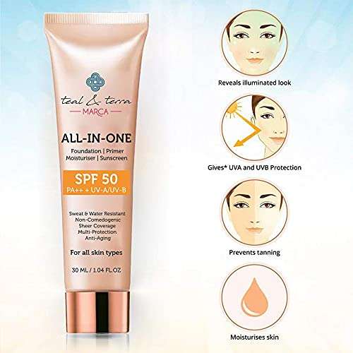 Teal & Terra Daily Use Sun Screen with SPF 50+ | Water Resistant | All-in-One Foundation | Primer | Moisturizer | Sweat and Water Resistant | Face Care Cream |100% Natural | Paraben Free | 30ml 5