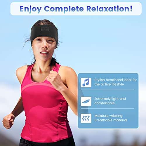 Bluetooth Sports Headband, Sleep Headphones Wireless, Music Headband Perfect for Sleeping, Workout, Fitness, Yoga, Insomnia, Air Travel and Meditation (Black) 3