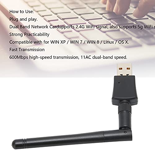 WiFi Adapter 600mbps, Wireless Network Adapter, USB 2.0 WiFi Adapter Receiver Network Card 2.4G 5G Dual Band with Antenna, for Desktop Laptop PC 5