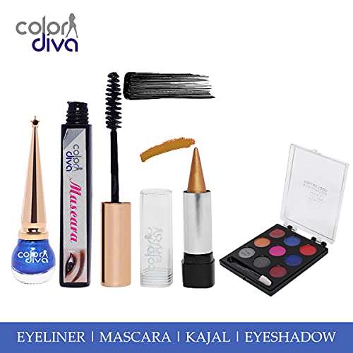 Color Diva - Bonsai Copper Eyeliner, TR Blue Kajal, RG Black Mascara & 9 Shades Multi-Color Eye Shadow Combo (Pack of 4) 3