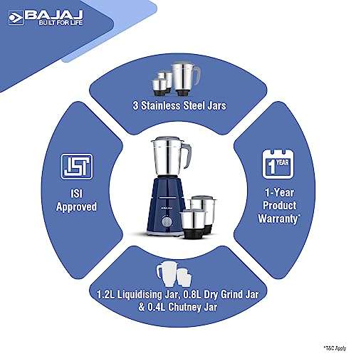 Bajaj GX1 Mixer Grinder 500W | Superior Mixie For Kitchen | 2-In-1 For Dry Grinding | Blade Function With Titan Motor | 3 Stainless Steel Mixer Jars | 1 Year Product Warranty By Bajaj 【Blue】 5