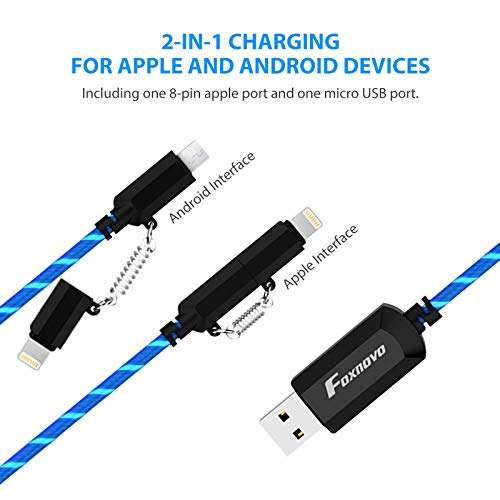 [Apple MFi Certified] Foxnovo Led iPhone Charger Cable, 2-in-1 Led Lightning Cable with 360░ Flowing Light for iPhone 12/11 /11 Pro/XS/XR/X/8/8 Plus/7/7 Plus/6/6 Plus/5s/Android (Blue),3.3 ft 5