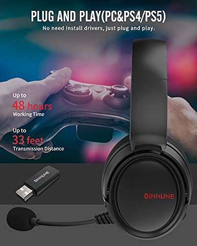 BINNUNE 2.4G/Bluetooth Wireless Gaming Headset with Microphone for PS4 PS5 Playstation 4 5, 48 Hours Playtime, PC USB Gamer Headphones with Mic for Laptop Computer 4