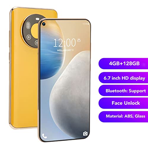 4G LTE Smartphone, 6.7 Inch 3040x1440 HD Screen Face Recognition Cellphone, 4GB 128GB Memory, 8MP 16MP Camera 4000mAh International Android 10 Unlocked Phone, Support GPS,Bluetooth,US Plug(Yellow) 6