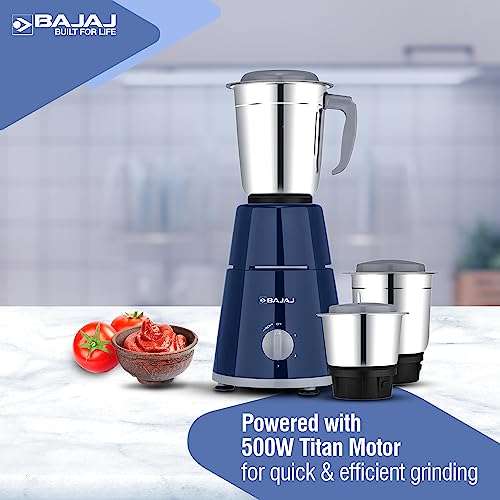 Bajaj GX1 Mixer Grinder 500W | Superior Mixie For Kitchen | 2-In-1 For Dry Grinding | Blade Function With Titan Motor | 3 Stainless Steel Mixer Jars | 1 Year Product Warranty By Bajaj 【Blue】 4
