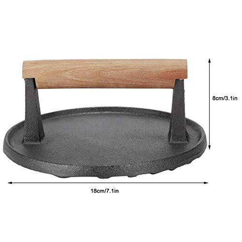 Round Cast Iron Meat Baken Steak Presers with Wooden Handle Presser Grill Accessories 7.1x7.1x3.1in for Barbecue Bacon BBQ Household 3
