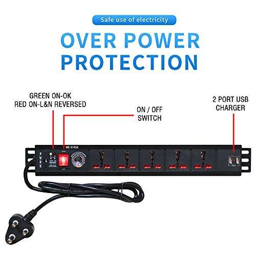 MX 5 Universal Socket Surge Protector 16 Amp with Child Safety Shutter and Switch, 2 Port USB Charger (2.1A) with LED Indicator, Spike Suppressor MOV with Power Cord -1.5 mtr 6