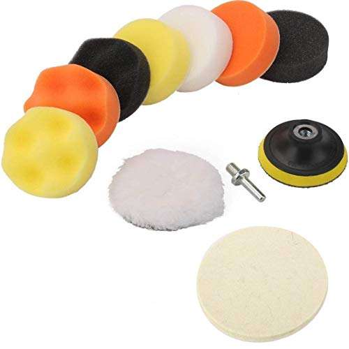 DIY Crafts 3" inch 80mm Compound Drill Buffing Sponge Pads(Polishing Pads, 1 Woolen Buffer and 1 Thread Drill Adapter, M10 Universal Adopter Choice Available (Design # No 2, Pack of 11 Pcs) 3