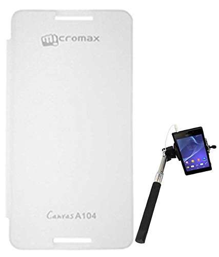 RRTBZ Flip Cover Case Compatible for Micromax Canvas Fire A104 with Selfie Stick Monopod with Aux -White 2