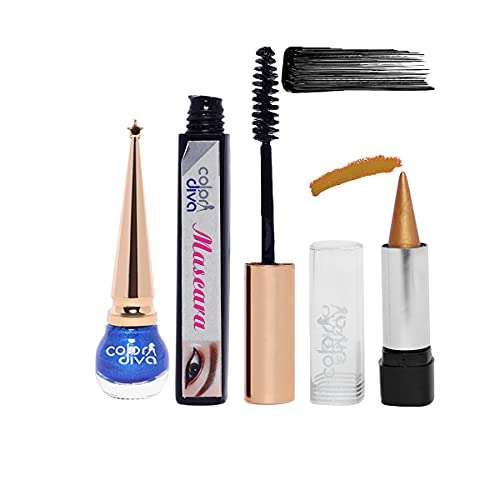Color Diva - Bonsai Copper Eyeliner, TR Blue Kajal, RG Black Mascara & 9 Shades Multi-Color Eye Shadow Combo (Pack of 4) 4