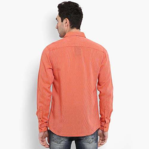 MUFTI Orange Striped Spread Collar Full Sleeves Linen Blend Shirt 3