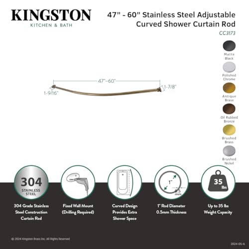 Kingston Brass CC3177 Edenscape 47"-60" Stainless Steel Adjustable Curved Shower Curtain Rod, Brushed Brass 4