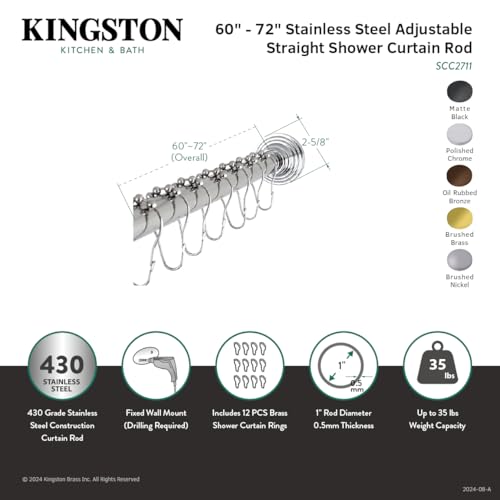Kingston Brass SCC2710 Edenscape 60"-72" Stainless Steel Adjustable Tension Shower Curtain Rod with Rings, Matte Black 4