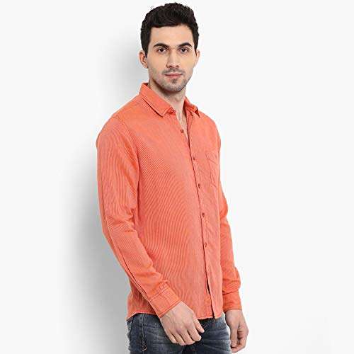 MUFTI Orange Striped Spread Collar Full Sleeves Linen Blend Shirt 4