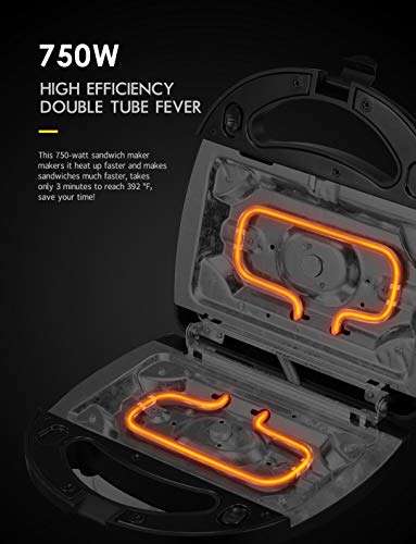 Sandwich Maker 3 in 1, Waffle Make with Removable Plate, Electric Panini Press Grill, Sandwich Toaster with Detachable Non-stick Coating, LED Indicator Lights, Cool Touch Handle, Black 3