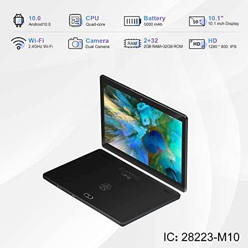 Android 10.0 Tablet 10 inch qunyiCO Y10 (10.1''), 2GB RAM 32GB Storage, 2MP+8MP Dual Camera, Quad-Core Processor, 1280x800 IPS HD Display Screen, Wi-Fi Bluetooth 5000mAh, GMS Certified Black 3
