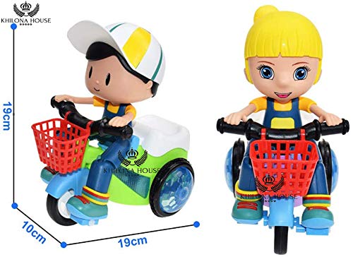Khilona House Cartoon Tricycle Stunt Toy Electric Motorcycle Car Lights and Sound Vehicles Toys, Mini Stunt Car, Three Wheeled Bicycle for Toddlers Baby Kids Children Birthday (Stunt car Girl) 4