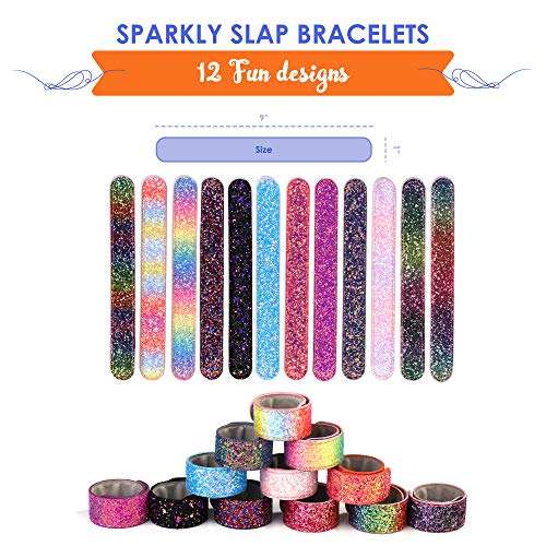 FROG SAC 12 PCS Glitter Slap Bracelets for Kids Girls, Safe Suede Backing, Girls Glitter Princess Theme Birthday Party Favors & Supplies, Sparkly Snap Bracelet Set, Easter Basket Stuffers, Goodie Bag Fillers 6