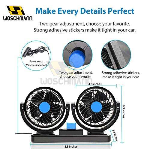 Woschmann - Mitchell 12V DC Electric Car Fan for Dashboad 360 Degree Rotatable Dual Head Car Auto Powerful 2 Speed Cooling Air Fan 3