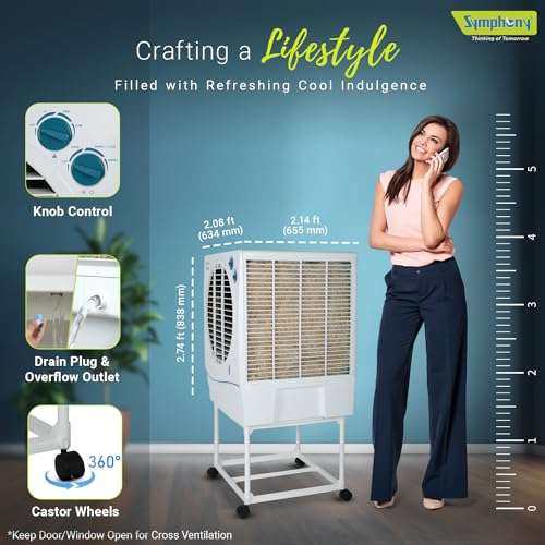 Symphony Jumbo 70 Desert Air Cooler for Home with Aspen Pads, Powerful Fan, Cool Flow Dispenser and Free Trolley (70L, White) 5