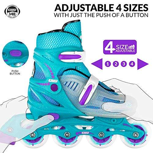 Crazy Skates Adjustable Inline Skates for Girls - Beginner Kids Rollerblades - Teal with Purple (Medium/Sizes 2-5) 4