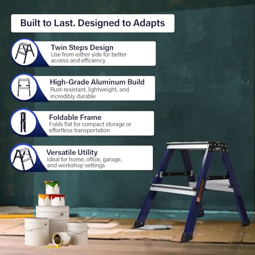 BonKaso Aluminium 2 Step Ladder | Folding Step Stool for Home, Kitchen, Office & Library | Lightweight Ladder | Anti-Slip Wide Pedal Step Stool (Blue - 59h x 42w CMs) 5