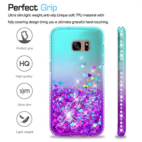 LeYi Compatible with Galaxy S7 Edge Case (Not Fit S7) with 3D Pet Screen Protector[2PCS] for Girls Women, Glitter Shiny Diamond Clear Phone Case for Samsung Galaxy S7 Edge, Teal/Purple 5