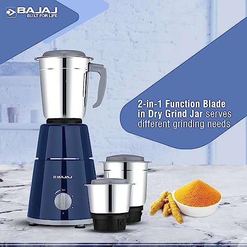 Bajaj GX1 Mixer Grinder 500W | Superior Mixie For Kitchen | 2-In-1 For Dry Grinding | Blade Function With Titan Motor | 3 Stainless Steel Mixer Jars | 1 Year Product Warranty By Bajaj 【Blue】 6