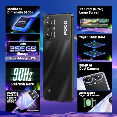 POCO M6 5G (Galactic Black, 4GB RAM, 64GB Storage) | MediaTek Dimensity 6100+ 5G Processor | 5000 mAh Battery + 18W Fast Charging | 50 MP AI Dual-Camera System & Side Fingerprint Sensor 6