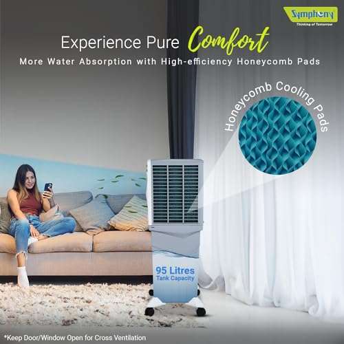 Symphony Jumbo 95XL+ Desert Air Cooler for Home with Honeycomb Pads, Powerful Fan, and Cool Flow Dispenser (95L, White) 6