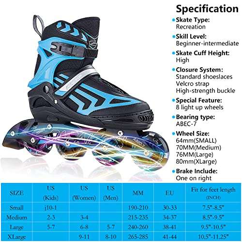 ITurnGlow Boys Adjustable Inline Skates for Kids and Adults with Full Light Up LED Wheels, Outdoor Blades Roller Skates for Girls,Woman, Men and Women Blue 6
