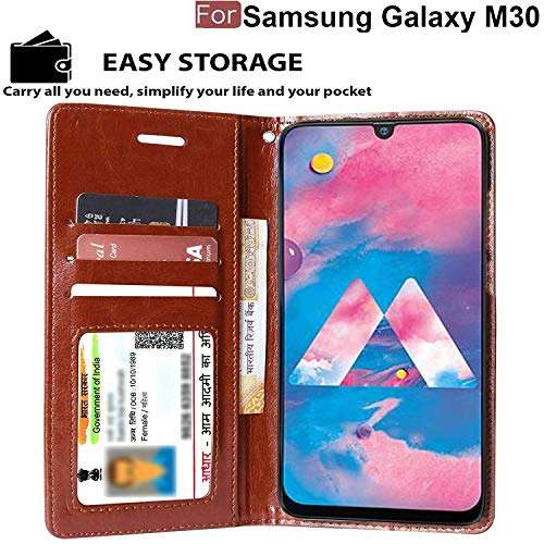CEDO Samsung M30 Flip Cover | Leather Finish | Inside Pockets & Inbuilt Stand | Shockproof Wallet Style Magnetic Closure Back Cover Case for Samsung Galaxy M30 (Brown) 3