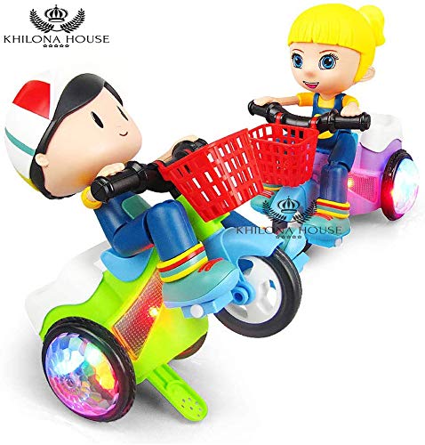 Khilona House Cartoon Tricycle Stunt Toy Electric Motorcycle Car Lights and Sound Vehicles Toys, Mini Stunt Car, Three Wheeled Bicycle for Toddlers Baby Kids Children Birthday (Stunt car Girl) 3