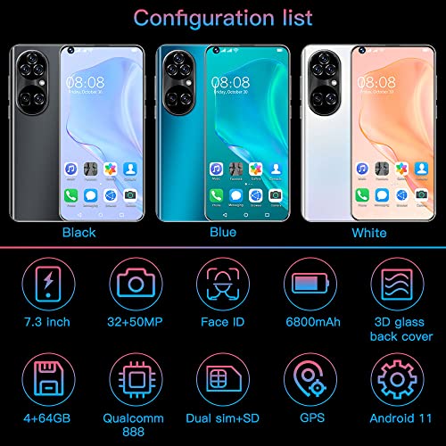 4G Phones P50Pro+, Dual SIM, 32MP + 50MP Dual Cameras, 7.3 Inch HD+ Display, Android 11.0 4GB + 64GB, 6800mAh Big Battery, NFC, GPS 3