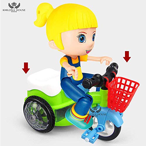 Khilona House Cartoon Tricycle Stunt Toy Electric Motorcycle Car Lights and Sound Vehicles Toys, Mini Stunt Car, Three Wheeled Bicycle for Toddlers Baby Kids Children Birthday (Stunt car Girl) 6