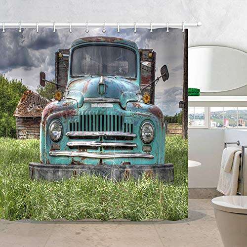 NYMB Farm House Bath Curtain, Wooden Barn with Rusic Truck in Forest, Polyester Fabric American Western Shower Curtain for Bathroom, 69X70in, Shower Curtains Hooks Included 3
