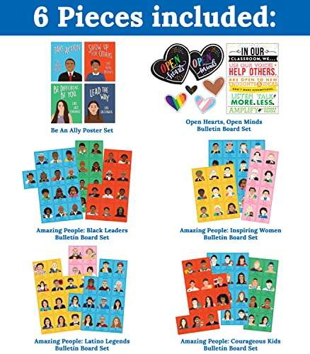 Carson Dellosa 32pc Diversity, Equity, Inclusion Teacher Bundle, Amazing People Activity Books, Be an Ally Like Me Motivational Poster Set, and Open Hearts, Open Minds Bulletin Board Set 3