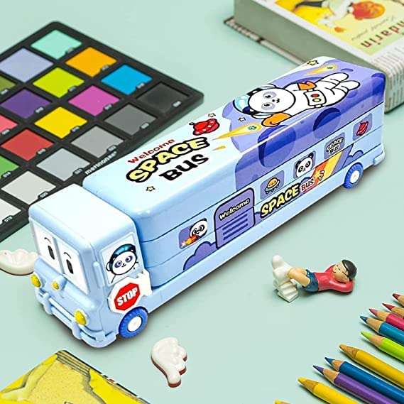 KAVANA School Bus Pencil Box for Girls - Compass Box for Girls with Wheel / Stylish School Bus Geometry Box for Boys / Car Pencil Box Set Bus Toys for Kids 3+ Years /Kids Geometry Box/ Pen Box (Blue) 6