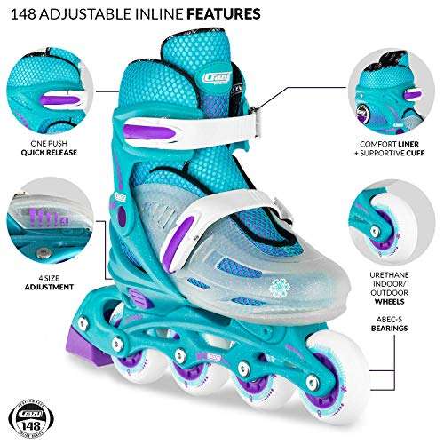 Crazy Skates Adjustable Inline Skates for Girls - Beginner Kids Rollerblades - Teal with Purple (Medium/Sizes 2-5) 3