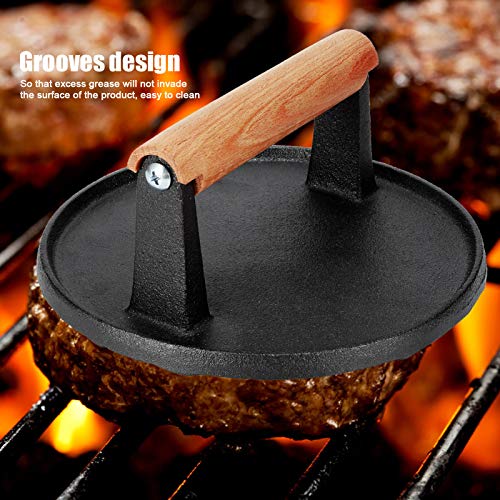 Round Cast Iron Meat Baken Steak Presers with Wooden Handle Presser Grill Accessories 7.1x7.1x3.1in for Barbecue Bacon BBQ Household 5