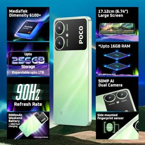 POCO M6 5G (Polaris Green, 4GB RAM, 64GB Storage) | MediaTek Dimensity 6100+ 5G Processor | 5000 mAh Battery + 18W Fast Charging | 50 MP AI Dual-Camera System & Side Fingerprint Sensor 6