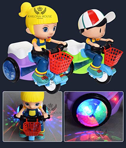 Khilona House Cartoon Tricycle Stunt Toy Electric Motorcycle Car Lights and Sound Vehicles Toys, Mini Stunt Car, Three Wheeled Bicycle for Toddlers Baby Kids Children Birthday (Stunt car Girl) 5