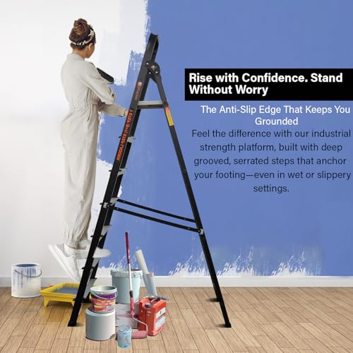 Bonkaso 7 Steps Climb Lite Pro Foldable Aluminium Ladder, Load Capacity upto 120kg, Multipurpose ladder for home & office, Anti-Skid Steps, Heavy Duty Platform, 5 Years Warranty (215h x 56w Cms) Black 5
