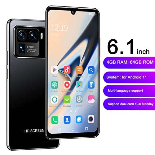 6.1in HD Screen Smartphone, 3G Network Cell Phone 4GB RAM 64GB ROM, Dual SIM, GPS, 8MP Front and 32MP Rear Camera, 4500mAh Battery Mobile Phone(Matte Black) 3